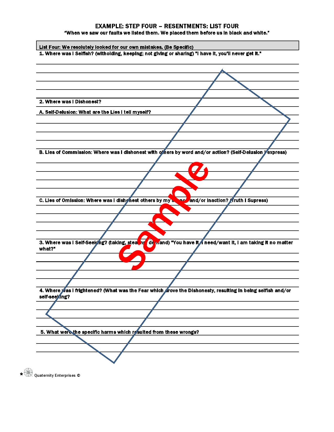 A sample page of the worksheet