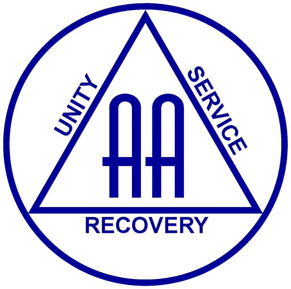 A blue triangle with the words aa unity service recovery and an aa logo.